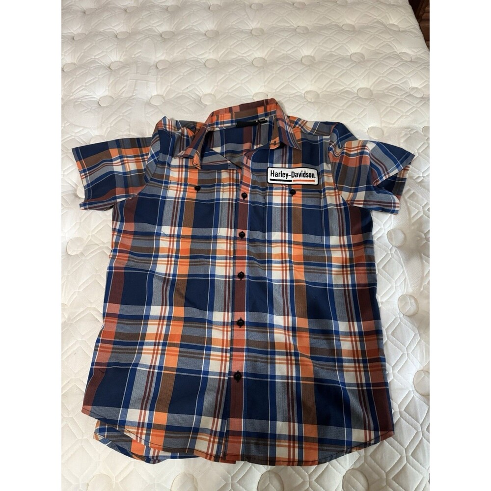 Harley-Davidson Plaid Shirt Men's Orange Blue Button Up Patch Motorcycle